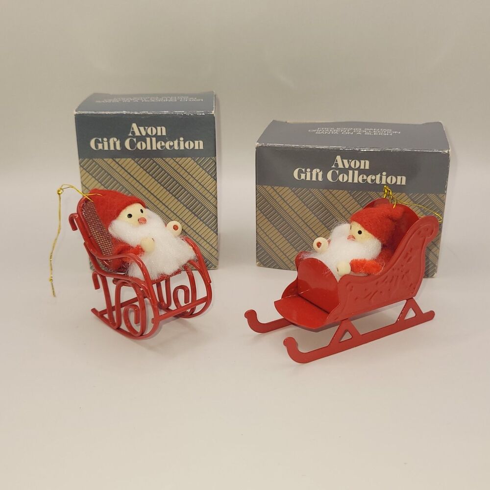 Lot 2 Vtg Avon Frolicking Santas Ornament Set Santa on Sleigh Rocking Chair EUC